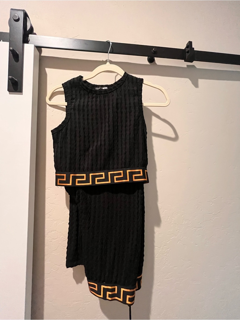 Fashion Nova Black Asymmetrical Dress with Gold Greek Key Trim